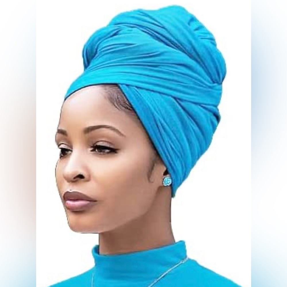 Deep Sky-Blue Stretch Turban African Head Wraps Scarf Soft Hijab for Locs Braids